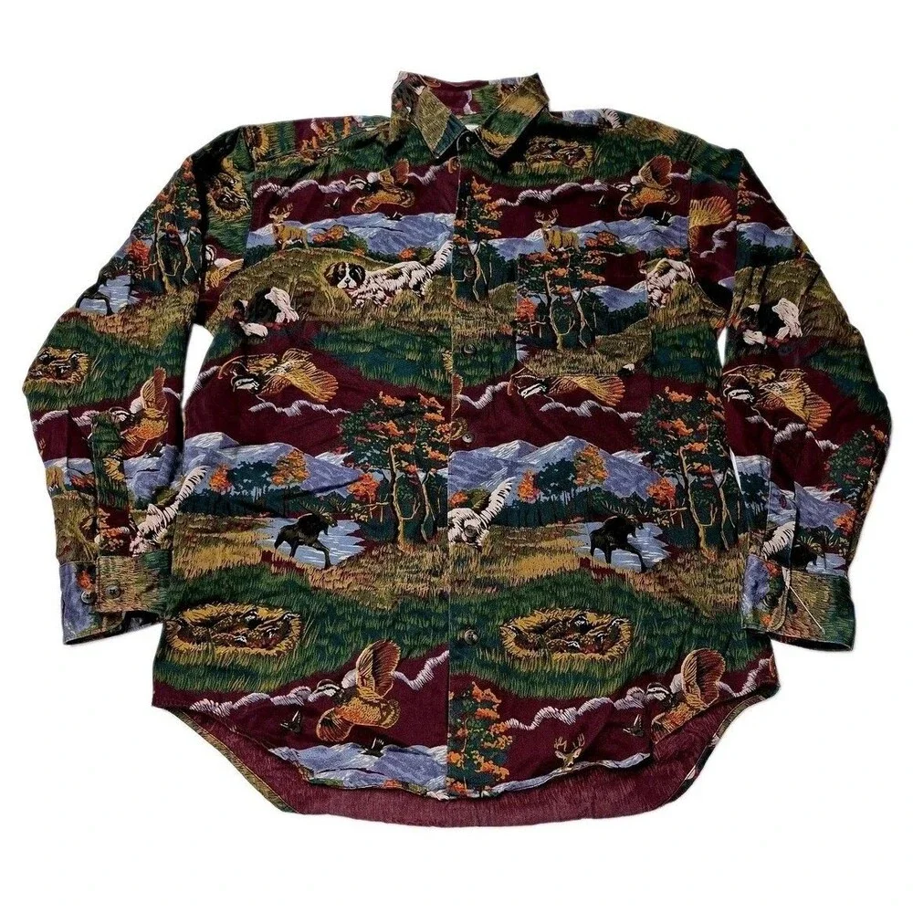 Vtg 1989 Banana Republic Safari All Over Print Hunting Shirt M Wildlife AOP EUC